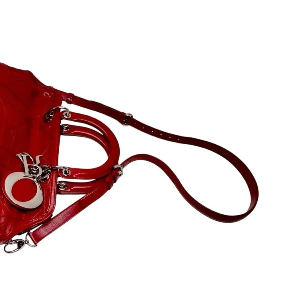 Auth Christian Dior Red Leather Cannage Medium Granville 2way Satchel Purse Bag - Picture 6 of 11